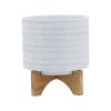 8" TRIBAL PLANTER W/ WOOD STAND, WHITE