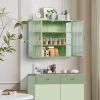 27.56"Glass Doors Modern Two-door Wall Cabinet with Featuring Three-tier Storage for Entryway Living Room Bathroom Dining Room,Mint Green