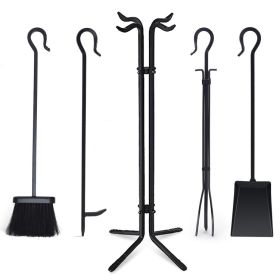 Wrought Iron Fireplace Tools with Decor Holder (Color: Black B)