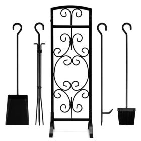 Wrought Iron Fireplace Tools with Decor Holder (Color: Black C)