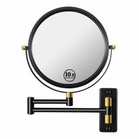 8-inch Wall Mounted Makeup Vanity Mirror, 1X / 10X Magnification Mirror, 360° Swivel with Extension Arm (Color: Black&Gold)